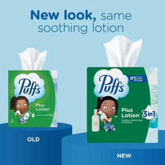 Puffs Facial Tissues Plus Lotion, 1 Family Rectangle Box, 124 Facial Tissues per Box, Allergies and Colds (Packaging May Vary)