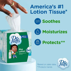 Puffs Facial Tissues Plus Lotion, 1 Cube Box, 48 Facial Tissues per Box, Allergies and Colds (Packaging May Vary)