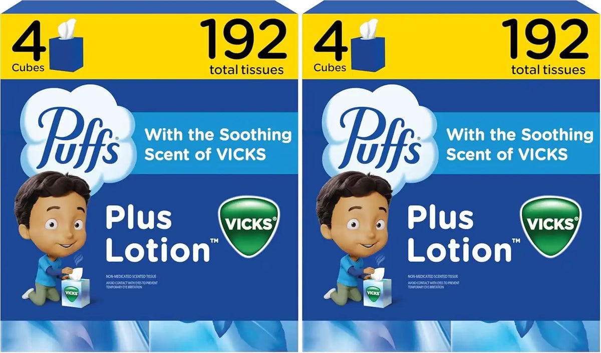 Puffs Plus Lotion with Vicks Facial Tissues, 4 Cubes, 48 Tissues per Box (Pack of 2)