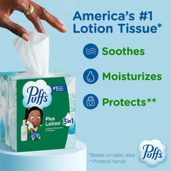 Puffs Facial Tissues Plus Lotion, 18 Cube Boxes, 56 Facial Tissues per Box, Allergies and Colds (Packaging May Vary)